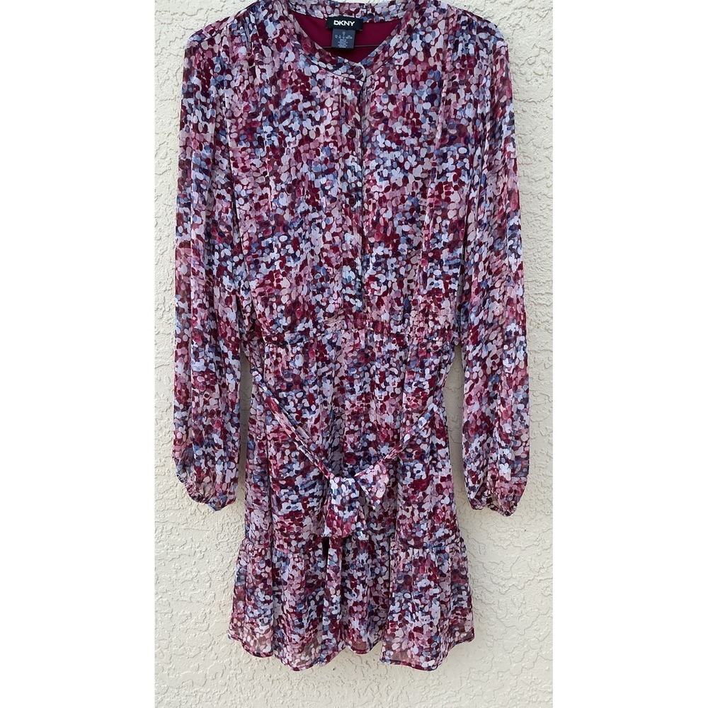 DKNY Size 16 Berry Watercolor Print Tie Waist Tiered Dress Long Sleeves